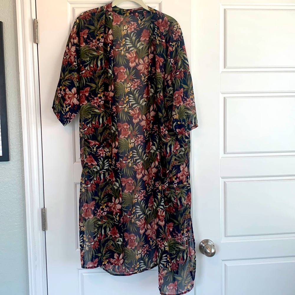 Forever21 Long Sheer Tropical Print Kimono size S